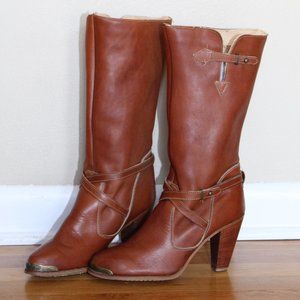 Vintage 70s Boho Hippie Zodiac Brown Leather Mid-Calf Heeled Boots Women's 8.5 N